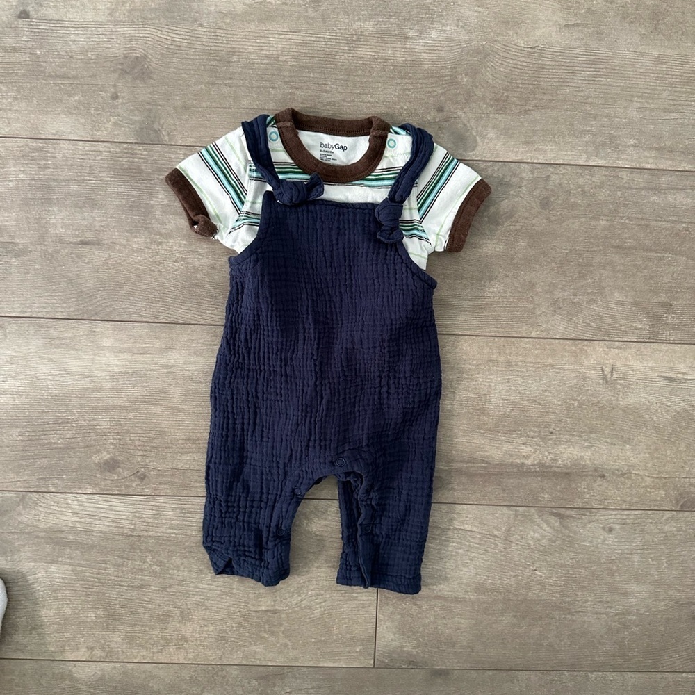 Vintage GAP Stripe Bodysuit & Chick Pea Overalls Baby Boy Matching Outfit 0-3 M